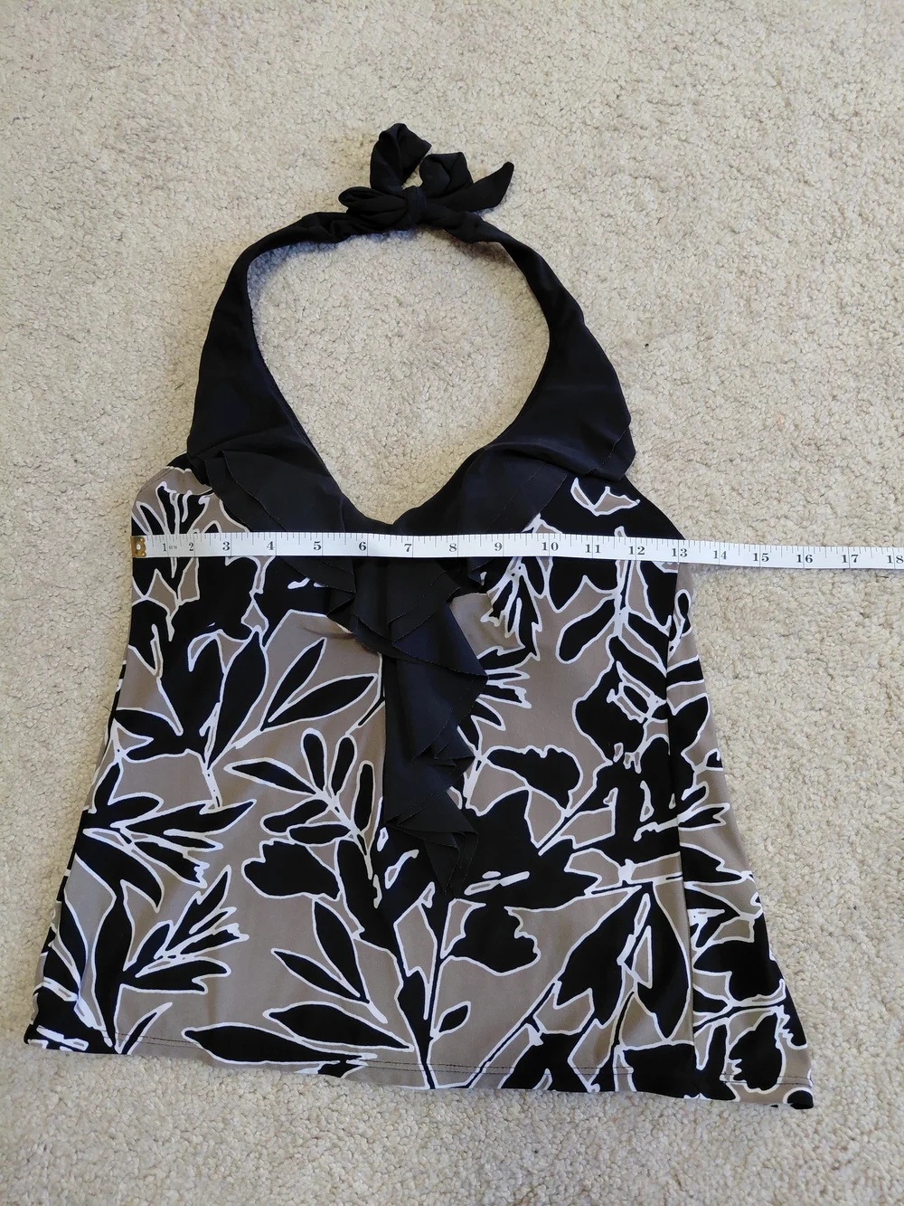 Ruffled V-Neck Floral Print Women's Swim Tank Top - Black & Taupe